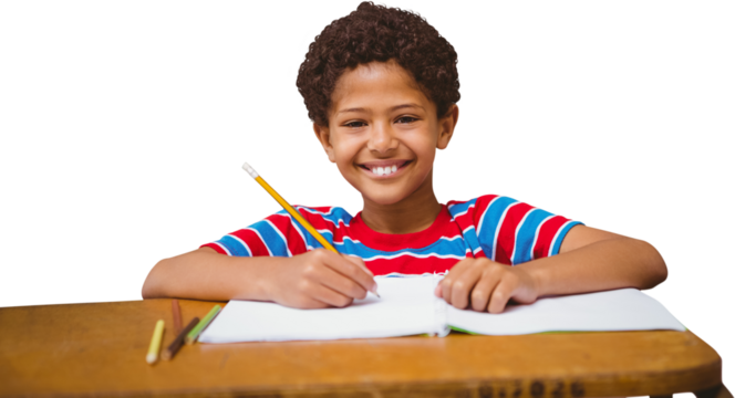 Digital png photo of happy biracial boy writing in notebook and smiling on transparent background