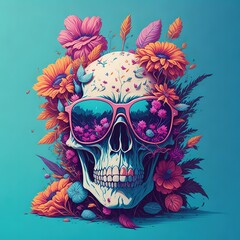 skull with flowers tattoo, illustration, face, head, halloween, art, 