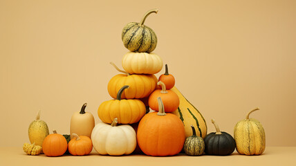 Assortment of pumpkins and squashes on a solid colored background