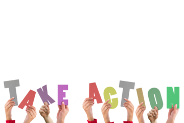 Digital png illustration of hands and take action text on transparent background