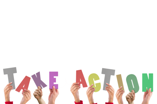 Digital png illustration of hands and take action text on transparent background - Powered by Adobe
