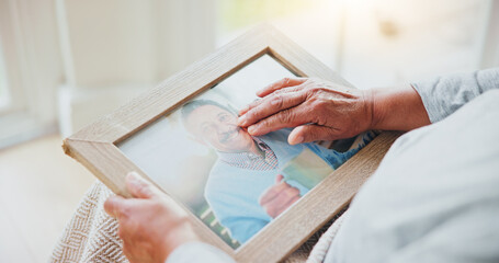 Senior woman, grief and picture of husband on lap, hands and sad of love loss in retirement....