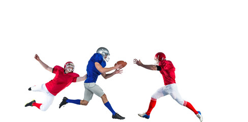 Digital png photo of diverse male american football players with ball on transparent background