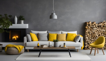 White sofa with yellow pillows and concrete wall with fireplace. Scandinavian style interior design of a modern living room