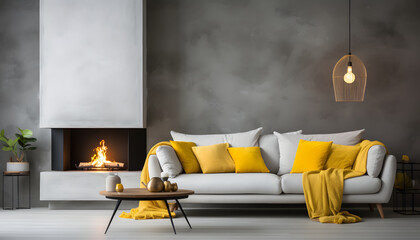 White sofa with yellow pillows and concrete wall with fireplace. Scandinavian style interior design of a modern living room