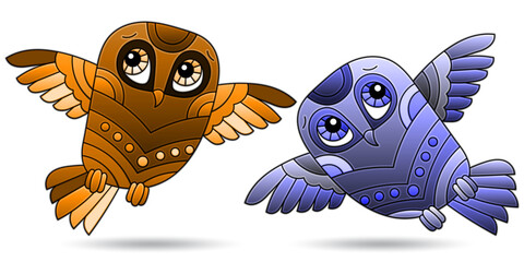 A set of illustrations in the style of stained glass with cartoon owls, animals isolated on a white background, tone blue and brown