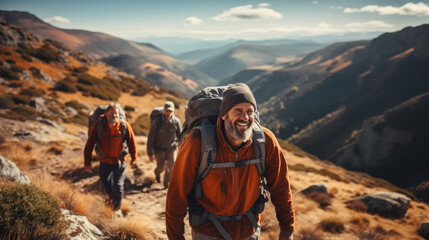 Group of male travelers with backpacks exploring on mountain. - obrazy, fototapety, plakaty