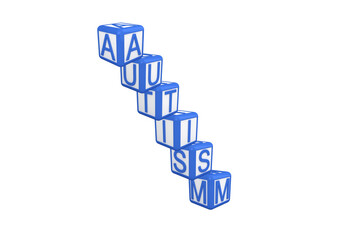 Digital png illustration of blue and white cubes with autism text on transparent background