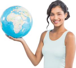 Digital png photo of happy biracial woman with globe on transparent background