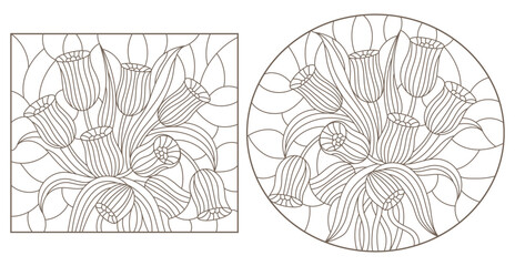 A set of contour illustrations of stained glass Windows with Tulips , dark contours on a white background