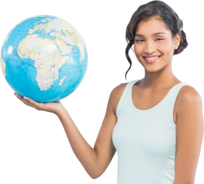 Digital png photo of happy biracial woman with globe on transparent background - Powered by Adobe