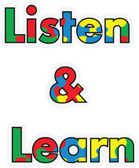 Digital png illustration of colourful listen and learn text on transparent background