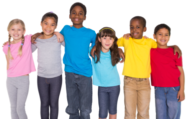 Digital png photo of happy diverse children embracing on transparent background