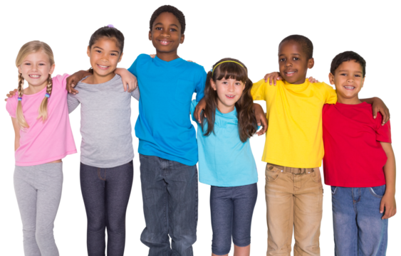 Digital png photo of happy diverse children embracing on transparent background