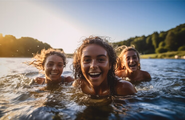 Happy three teenage girls swimming in a lake.