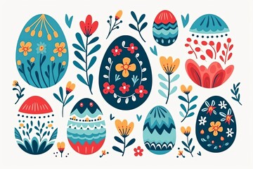 Colorful Easter illustration, pastel decorated Easter eggs with flower patterns