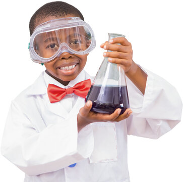 Digital png photo of african american schoolboy with lab flask on transparent background