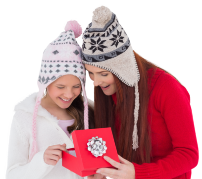 Digital png photo of caucasian mother and daughter with hats and present on transparent background