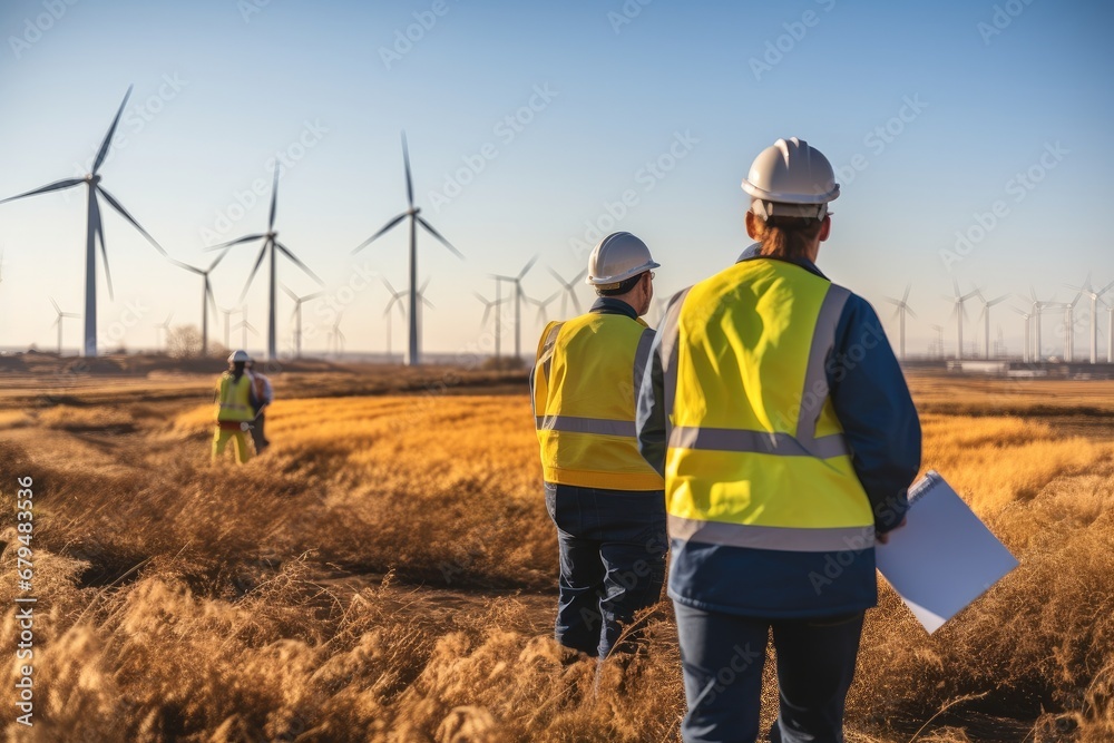 Poster Two environmental engineer working and checking at wind turbines field.