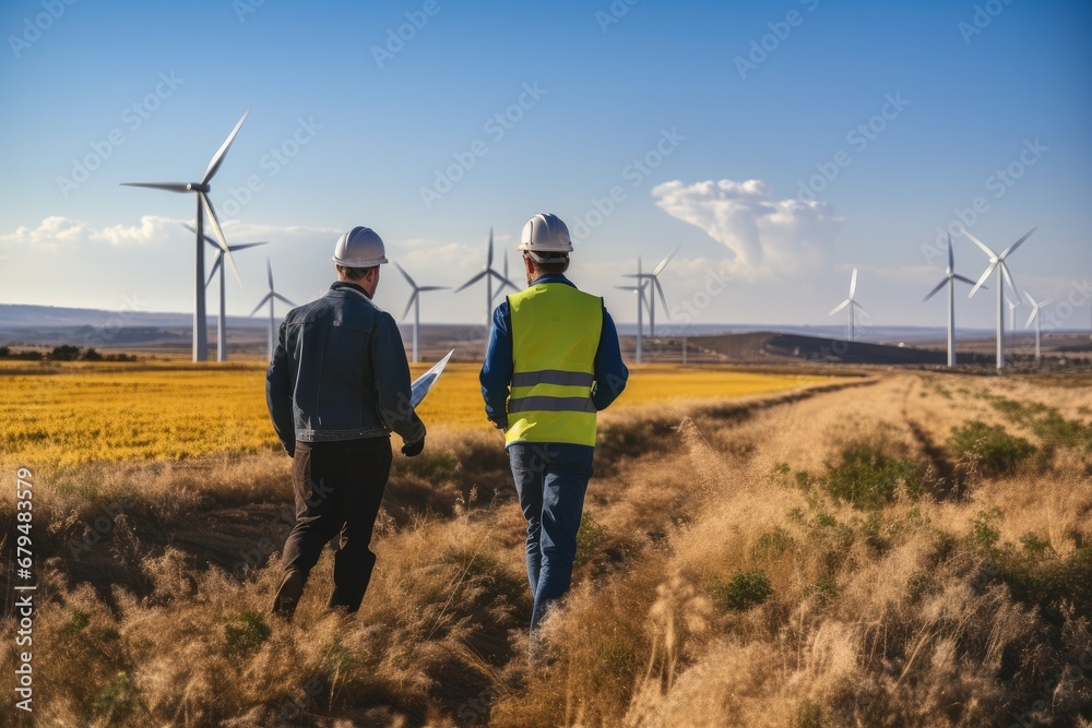 Poster Two environmental engineer working and checking at wind turbines field.