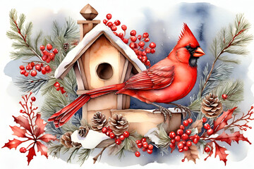 Watercolor hand drawn Christmas composition with red Cardinal bird, wooden bird house, fir cone and branches, red berries and snow - obrazy, fototapety, plakaty
