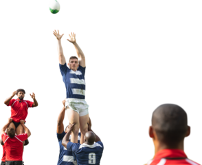 Digital png photo of diverse male rugby players playing on transparent background