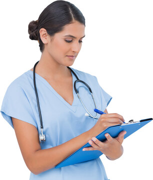 Digital png photo of biracial female doctor writing on transparent background