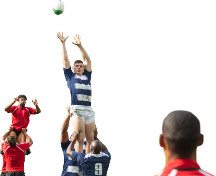 Digital png photo of diverse male rugby players playing on transparent background