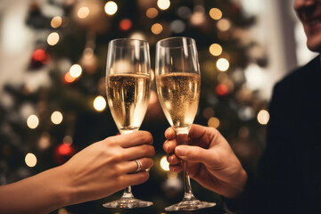 New year's eve celebration. friends clinking glasses of champagne with festive lights background