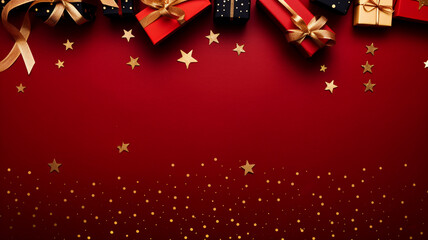 Christmas present gift boxes on a deep red background