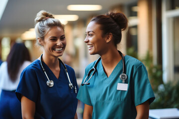 Two nurses laughing and talking in a hospital. - obrazy, fototapety, plakaty