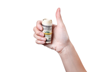Thumbs up with roll of money isolated on white or png transparent background 100 dollars