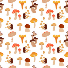 Seamless pattern with mushrooms: amanita, white mushroom, chanterelles, honey agarics, mushrooms, fly agarics, morels. Cartoon style.