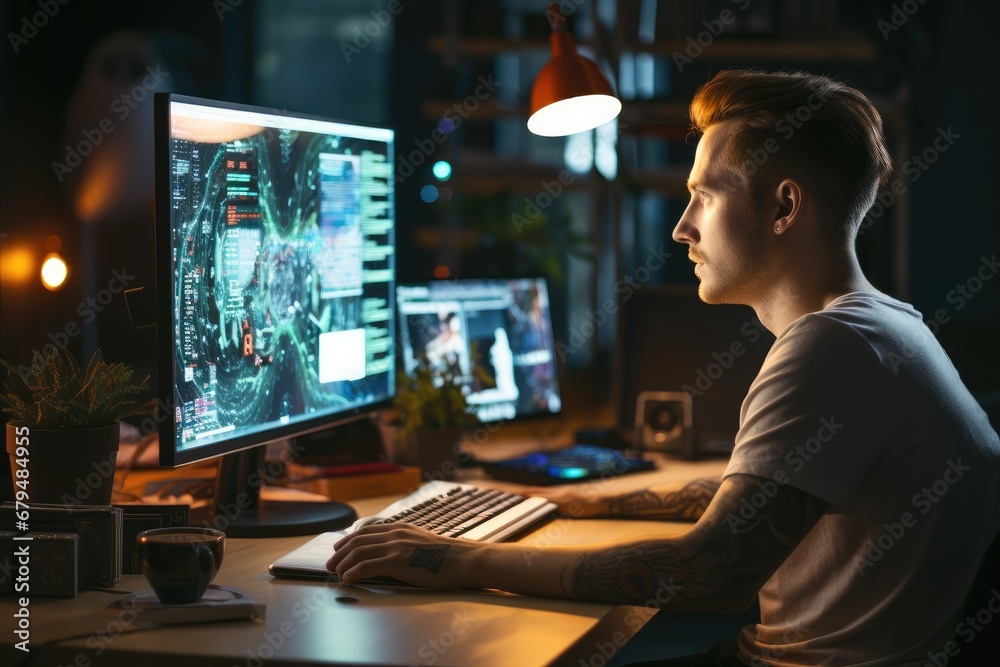 Aufkleber Man Writing Code Working In Modern Office, Programmer Creating Mobile App On Computer.
