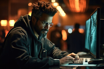 Digital security expert using computer, Preventing hacker attack, Online protection.