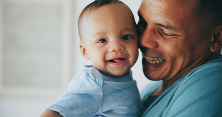 Happy, love and father hug baby with a smile, support or security in their home together. Family,...