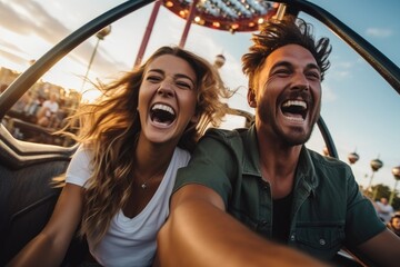 Couple on a rollercoaster, Summer vacation, Excited couple enjoying a thrilling rollercoaster at an amusement park. - Powered by Adobe