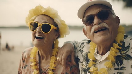 Senior couple wearing vintage holiday attire and relaxing by the beach on sunny day