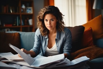 Personal finance management and debt, Woman attentively reviewing a pile of bills, Contracts and documents. - obrazy, fototapety, plakaty