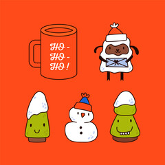 Set of Christmas vector illustrations. Cute festive elements