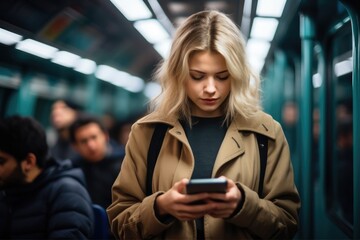 Woman using her smartphone during traveling in the subway. - obrazy, fototapety, plakaty