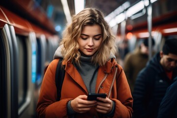 Woman using her smartphone during traveling in the subway.
