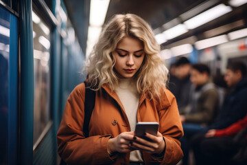 Woman using her smartphone during traveling in the subway. - obrazy, fototapety, plakaty