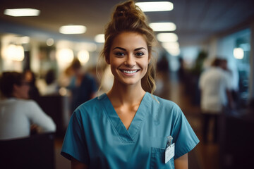 Portrait of a confident female nurse smiling in a hospital. - obrazy, fototapety, plakaty