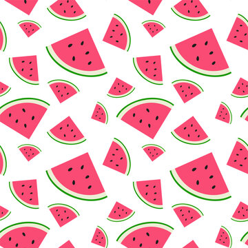 Fresh and juicy watermelons slices. Seamless pattern on white background.