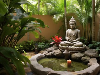 Buddha Garden Spa, an outdoor sanctuary nestled in lush greenery, features tranquil water features and stone Buddha statues, creating serene ambiance.