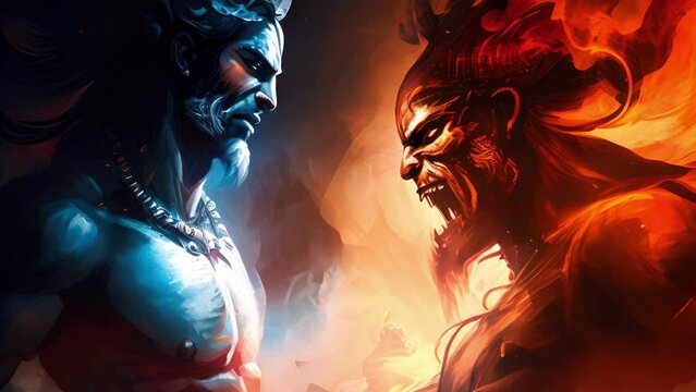 The divine battle between Parashurama and King Kartaviryarjuna. .