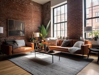 A classic modern loft in SoHo features exposed brick, industrial details, and a blend of contemporary and vintage furnishings. - obrazy, fototapety, plakaty