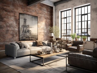 A classic modern loft in SoHo features exposed brick, industrial details, and a blend of contemporary and vintage furnishings.