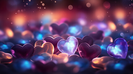 Glowing in the dark colorful heart shaped bokeh lights, Valentines Day texture. generative ai